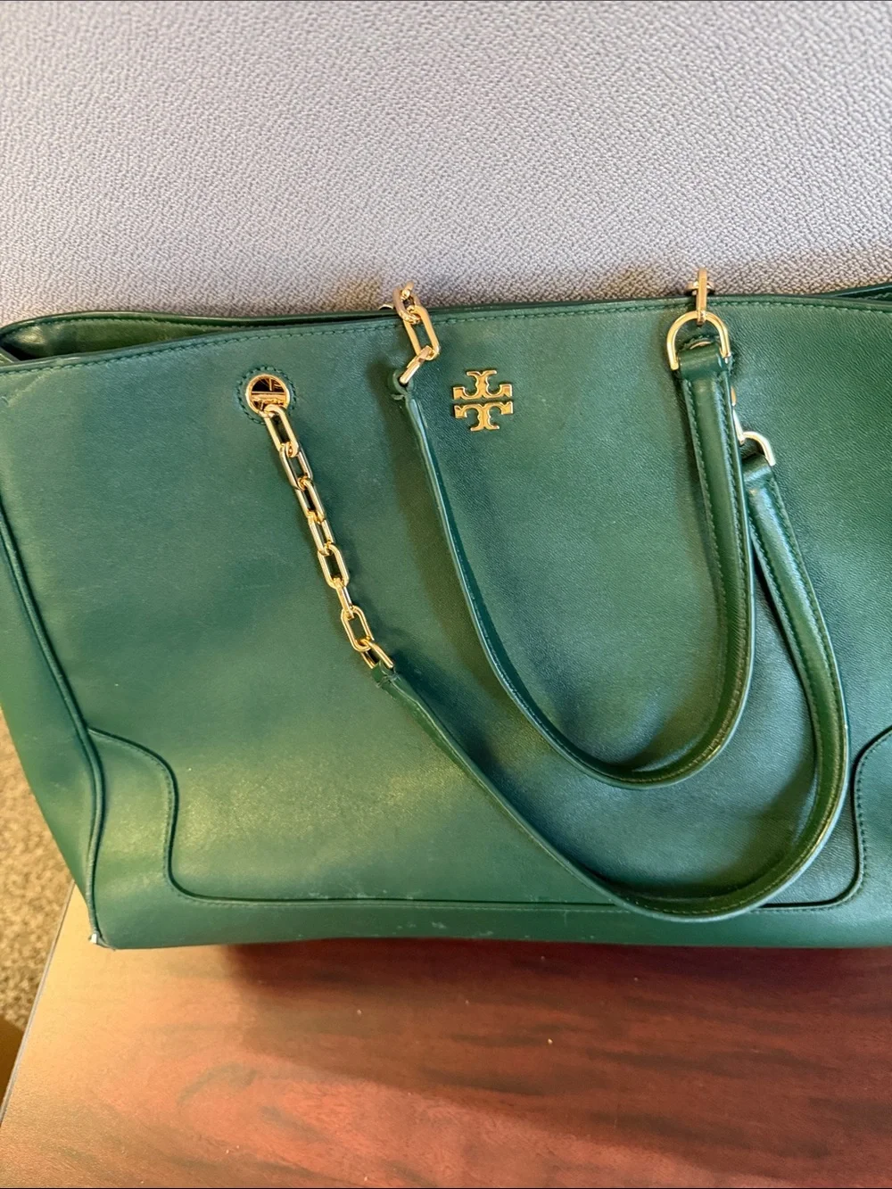 Tory Burch Emerald Green Leather Tote with Gold Chain Accents